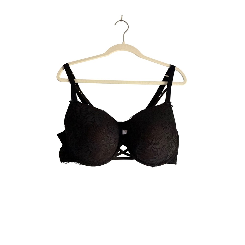 Cacique Black Lace Underwire Bra 42DD Cage Detail Floral Adjustable Straps